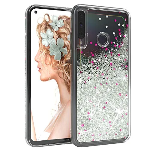 EAZY CASE Hülle kompatibel mit Huawei P40 Lite E Schutzhülle mit Flüssig-Glitzer, Handyhülle, Schutzhülle, Back Cover mit Glitter Flüssigkeit, TPU/Silikon, Transparent/Durchsichtig, Silber