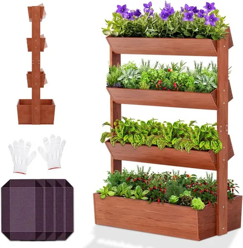 Meulbaty Hochbeet aus Holz mit 4 Ebenen - Optimieren Sie Ihren Garten mit diesem robusten Hochbeet aus hochwertigem Tannenholz. Das 4-Ebenen-Design bietet viel Platz für Blumen, Gemüse und Obst und sorgt für eine ansprechende Gestaltung Ihres Außenbereichs.