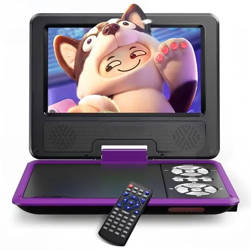 WOLFANG 9,5 Zoll Aufladbarer Tragbarer DVD-Player für Kinder im Auto, 7,5 Zoll HD Drehbildschirm, 6 Stunden Spielzeit, Sync TV/USB/SD, Keine Blu-ray-Unterstützung (Lila)