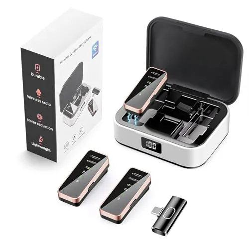 Weinsamkeit Wireless Lavalier Mikrofon, Mit LED Bildschirmanzeige und Ladebox, Mini Mikrofon für iPhone/iPad/Type-C Android/PC, 2.4GHz Auto Sync, Wireless Microphone für Vlog, YouTube, Interview