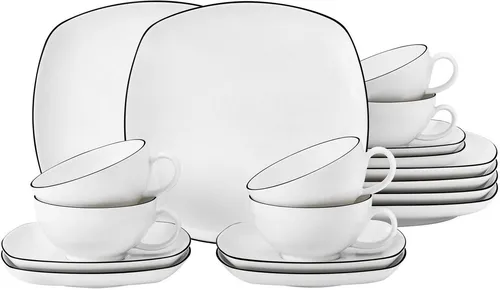 Seltmann Weiden Teeservice Lido Black Line - 18-teiliges Porzellan-Set für 6 Personen, stilvolles Design in elegantem Schwarz, mikrowellen- und spülmaschinengeeignet