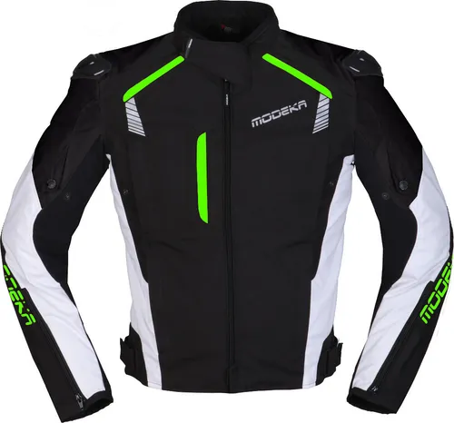 Modeka Lineos Motorrad Textiljacke - Schwarz-Weiß-Grün, Größe M für Männer - Motorradjacke mit Schulterkappen und AirVent-Belüftungsreißverschlüssen für optimalen Komfort und Atmungsaktivität. Ideal für sichere und angenehme Fahrten.