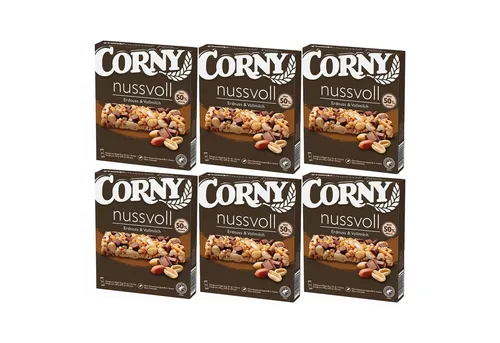 CORNY Nussvoll Erdnuss & Vollmilchschoko Riegel 96g 6er Pack - Corny Nussvoll Riegel vereinen geröstete Erdnüsse und Vollmilchschokolade in einem köstlichen Snack. Ideal für alle Nussliebhaber, die nach einem energiereichen Genuss suchen. Perfekt für unterwegs oder als kleine Auszeit.