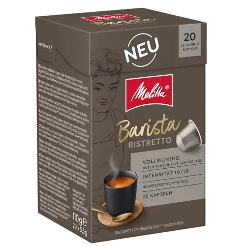 Melitta Barista Ristretto Kaffee-Kapseln 20 Stück je 5,5g, gemahlen, in Portionskapseln für Nespresso*-Maschinen, Vollmundig, Noten von dunkler Schokolade