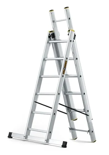 DRABEST Leiter PRO Serie Aluleiter 3-teilig Mehrzweckleiter 3x6 Stufen Leiter Multifunktionsleiter Kombileiter bis 150 kg Beslastbar - Arbeitshöhe 4,43 m - inkl. Eimerhaken