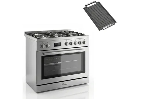 GURARI Gas-Standherd Edelstahl 90 cm mit Grillplatte - Vielseitiger Edelstahl-Gas-Standherd mit 126 l Backvolumen, 5 Kochzonen und praktischer Selbstreinigungsfunktion – ideal für Ihre Küche.
