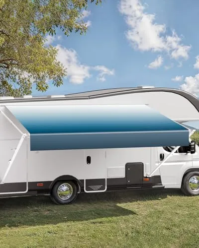 VEVOR Wohnwagen Markise universelle einziehbare RV Markise (518,16 cm) wasserdichte Wohnmobil-Markise mit Aluminiumlegierungsrahmen, Außenmarkise mit weißem Ständer & blauen Stoffen mit Farbverlauf