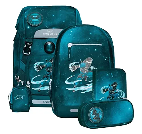 BECKMANN Schulrucksack-Set Classic Ninja Master 6-teilig - Schulranzen-Set für die Grundschule, ergonomisch und mit Regenüberzug, bietet Sicherheit durch reflektierende Flächen und sorgt für Ordnung.