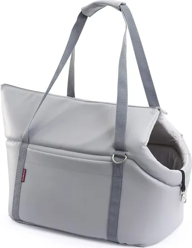 Transporttasche für Hunde und Katzen | Schultertasche für Haustiere mit Gummiband mit Karabiner | bis 15 kg | Material: Kunstleder | Größe: L | Farbe: Grau