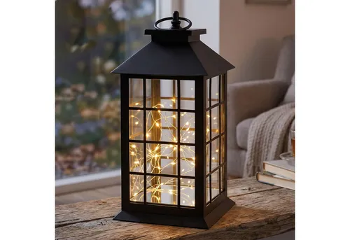 Levandeo® LED Laterne LED Laterne Schwarz H30cm Lichterkette Warmweiß Timer Wohndeko Lampe K, Ein-/Ausschalter, Timerfunktion (6h/18h), LED Lichterkette, warmweiß