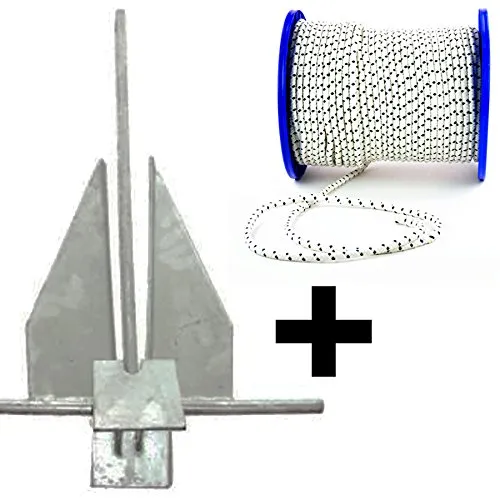 wellenshop Platten-Anker Danforth-Anker Bootsanker Stahl Verzinkt 8 kg + Ankerleine Bootsleine Polyester-Leine 50 m Ø 10 mm