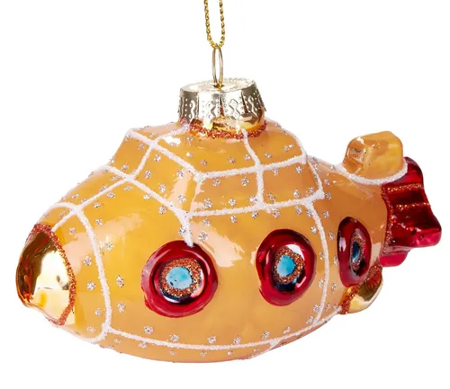 BRUBAKER Christbaumschmuck Mundgeblasene Weihnachtskugel U-Boot Gelb Rot, Weihnachtsdekoration aus Glas, handbemalt, lustige Baumkugel - 10.5 cm