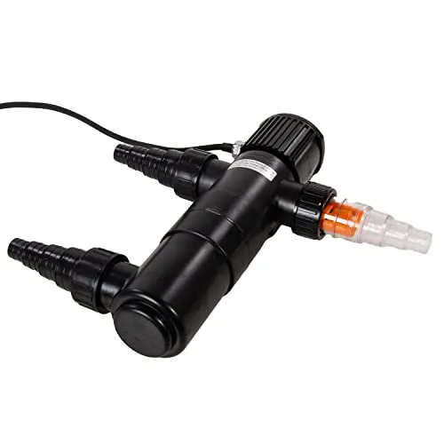 AquaForte GUV-211 UV-C, Max. Teich 12 m³, Max. Durchfluss 1,7 m³/Stunde, 11 Watt, Gehäuse mit Quick Lock Anschluss, Ausgestattet mit 3 Anschlüssen: 3 Schlauchnippel 20/25/32/40 mm und UV-Schauglas