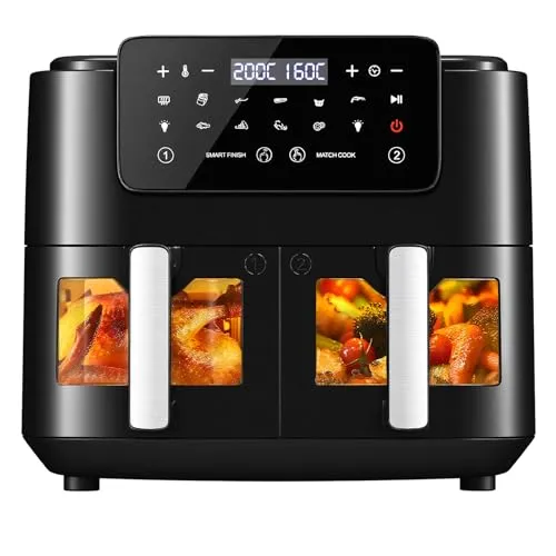 LLIVEKIT 9L Heißluftfritteuse 2 Kammern mit Sichtfenster, 4.5L+4.5L Airfryer 9-in-1, Backofen XXL ohne Öl, Heißluft-Backofen mit Touchscreen, Timer-Funktion