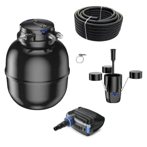 AquaOne Teichfilter Set mit Teichpumpe I Filteranlage CPU-75000 für einen Teich bis 100.000 Liter I Komplettset mit UV Lampe Eco Pumpe 100 Watt Skimmer Teichschlauch Nr. 66