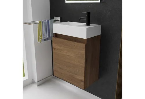 Alpenberger Badmöbel-Set für Gäste WC - 2-tlg. Waschtisch Set Eiche - Badmöbel-Sets mit grifflosen Fronten und vormontiertem Waschbeckenunterschrank, ideal für kleine Bäder und platzsparend.