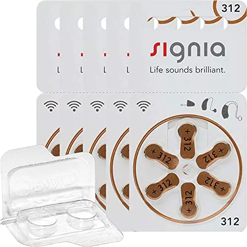30x Signia Gr. 312 Hörgerätebatterien, 5x6er Blister PR41 Braun 24607 + EWANTO Aufbewahrungsbox f. 2 Batterien (10, 13, 312, 675), transparente Batteriebox für Knopfzellen < Ø 12 mm x H 6 mm