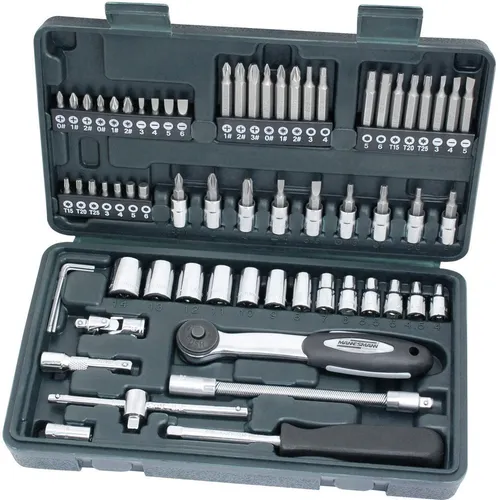 BrüderMannesmann Steckschlüssel M29165, 65-teilig - Werkzeug-Set mit 65 Teilen, inklusive 1/4 Zoll Umschaltknarre und hochwertigem Chrom-Vanadium-Stahl für optimale Langlebigkeit. Ideal für präzises Arbeiten in Werkstatt und Heim.