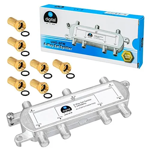 HB-DIGITAL SAT - BK - UKW - Verteiler 6-Fach Splitter (6-Wege) 5-2400 MHz | digital & analog - tauglich | voll geschirmt | SAT DVB-S DVB-S2 FM UKW Kabelfernsehen DVB-C inkl. 7 passende F-Stecker