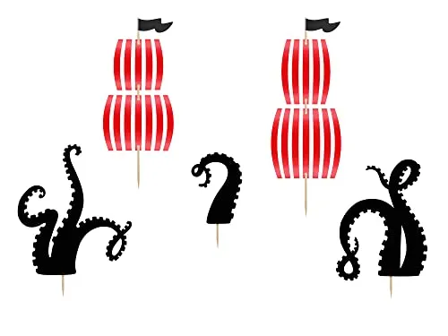 Piraten-Cupcake Dekoration 5-teilig Back-Zubehör schwarz-rot 13,5-21,5 cm - Bunt