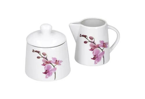 van Well Milch- und Zuckerset Kaffeeergänzungsset Milchkännchen & Zuckerdose Kyoto Orchidee, Porzellan