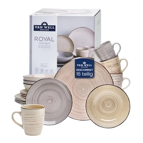 van Well Royal Geschirrset für 4 Personen – 16-teiliges Steingut Kombi-Service - Elegantes Tafelservice in Grey, Sand, Pink und Beige: Das 16-teilige Geschirrset für 4 Personen vereint stilvolles Design und hochwertige Qualität – ideal für jeden Anlass.