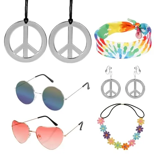 LAMEK 7Pcs Hippie Accessoires Set Hippie Kostüm 60er 70er Zubehör Retro Disco Kostümzubehör mit Brille Halskette Stirnband Ohrringe für Herren Damen Kostümparty Karneval Halloween