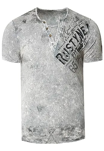 T-Shirt Herren Verwaschen Used Look Seitlicher Logo Print Rundhals mit Knopfleiste V-Neck Optik 240, Farbe:Grau, Größe:M