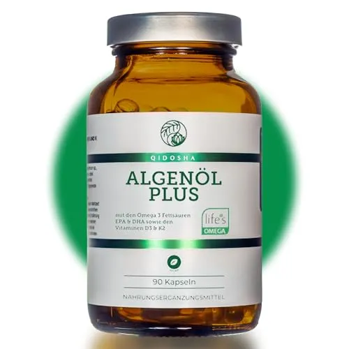 QIDOSHA® Omega 3 Algenöl Kapseln mit Vitamin D3 & K2 – 90 vegane Kapseln im Apothekerglas - Vegane Omega-3-Kapseln aus Algen mit 700mg Algenöl, ergänzt durch Vitamin D3 und K2. Ideal für eine nachhaltige Ernährung und hohe Bioverfügbarkeit ohne jodhaltige Stoffe.