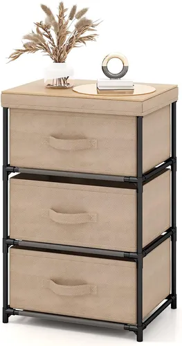 GOPLUS Kommode mit 3 Schubladen aus Stoff – Hellbraun, Stilvoller Schubladenschrank mit Metallrahmen - Viel Stauraum mit 3 geräumigen Schubladen für Kleidung und Accessoires. Elegantes Design, das sich perfekt in jedes Zuhause einfügt. Einfache Montage und vielseitig einsetzbar als Regal.