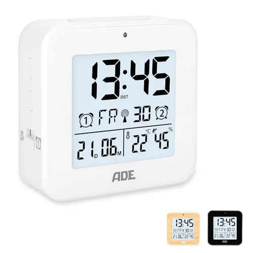 ADE Funkwecker digital mit Batterie | 2 Weckzeiten | Temperaturanzeige | Luftfeuchtigkeit | Reisewecker | Funkuhr mit DCF Zeitsignal | Schlummerfunktion | weiß