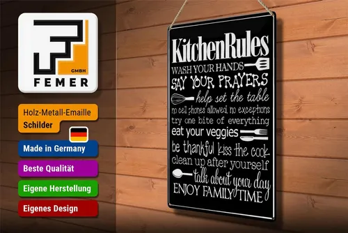 Femer GmbH Metallschild Spruch 30x40cm Kitchen Rules wash your hands, (1 St), gewölbte Oberfläche, abgerundete Ecken, umgeschlagene Kanten