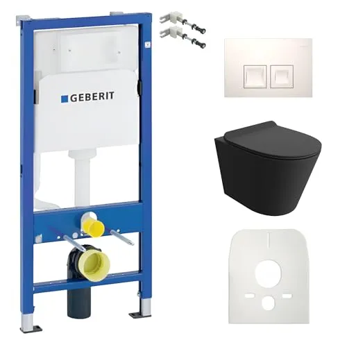 Lavita Duofix Basic Vorwandelement + Wand Tiefspül WC Galve Schwarz Spülrandlos + WC Sitz + Bedienplatte Delta 25 Weißer Knopf Komplettset Unterputz Spülkasten Toilette Komplett Sett WC
