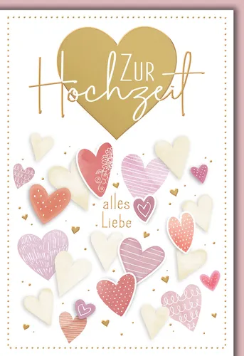 Hochzeitskarte mit Umschlag Goldherz und kleine rosa Herzen Zur Hochzeit alles L