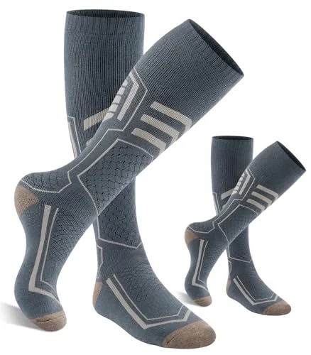 PULIOU Skisocken Merinowolle, Thermosocken Herren Snowboarden, Atmungsaktiv Schnell Trocknend Antiblasen Warme Dicke Merino Socken Für Kaltes Wetter Herren Damen Jugendliche 35-51(2 Paar) Grau 1 XL