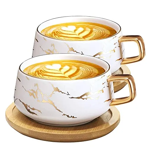 VETIN 2 Stücke Cappuccino Tassen mit Unterteller, Tasse Marmor, 300 ml Espressotassen aus Porzellan für Tee Kaffee Cappuccino, Kaffee-Tassen mit Holzscheibe (Weiß*2)