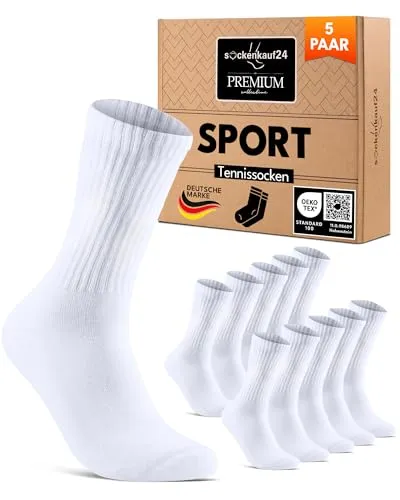 sockenkauf24 Sportsocken Herren Socken 43-46 Weiß Tennissocken Gepolstert Atmungsaktive Baumwolle 5 Paar Premium Crew Socken