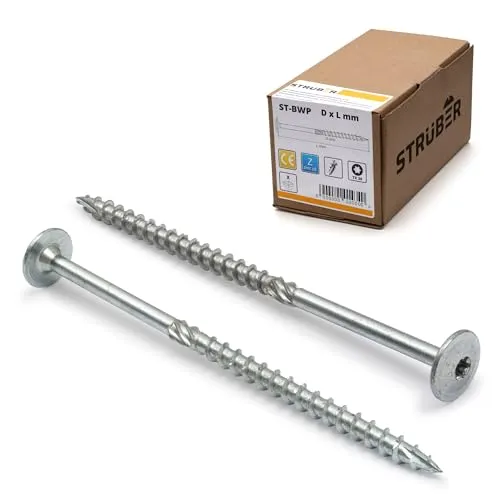 STRÜBER Tellerkopfschrauben mit Torx-Antrieb (6,0 x 70 mm / 100 Stk. / TX-30) Holzschrauben für Dachkonstruktionen - verzinkte Konstruktionsschrauben - Sparrenschrauben - BIT incl