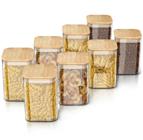 Arendo Vorratsgläser 8er Set, 15cm, eckig mit Bambusdeckel