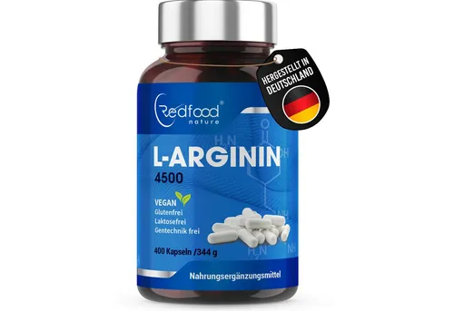 Redfood L-Arginin 4500 hochdosiert, 400 Kapseln – Premium Nahrungsergänzung - Redfood L-Arginin 4500 bietet eine hochdosierte Aminosäureversorgung mit 4500 mg pro Tag. Ideal für aktive Menschen, vegan und ohne tierische Zusatzstoffe. Hergestellt in Deutschland für höchste Qualität.