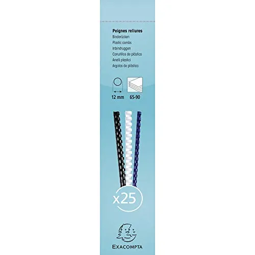 Exacompta - Ref 76401E – Bindekämme – 12 mm dick, 21 Ringe, geeignet für A4-Dokumente, für ca. 65–90 Blatt, aus PVC, Schwarz, 25 Stück