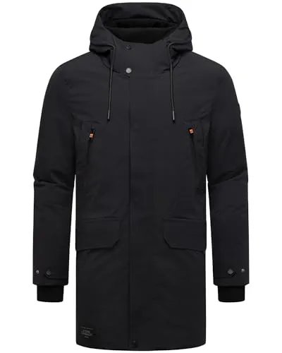 STONE HARBOUR Herren warmer Wintermantel lang Winterparka mit Fleece-Innenfutter, zahlreichen Taschen innen und außen und großer Kapuze Kitraan XX Black Gr. L
