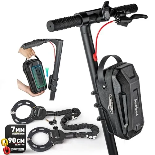 Jeebel 3/4/5L E Scooter Tasche & 90cm ø7mm Handschellenschloss, Große Kapazität Lenkertasche mit Schnellverschluss-Montage, Fahrrad Schloss mit Schlüssel, Für Elektroroller, Fahrrad(3 L + Schloss)