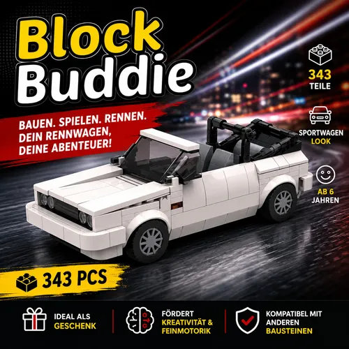 BlockBuddie™ VW Golf Mk1 Cabrio Weiß Sport MOC Auto Rennwagen Klemmbausteine