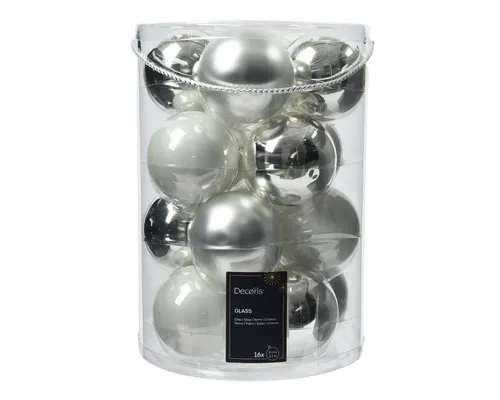 Kaemingk Weihnachtsbaumkugel 16 Stück - Silber/Weiß Mix - Weihnachtskugeln aus Glas, 8 cm Durchmesser, 16 Stück im Set. Elegante Kombination aus matten und glänzenden Kugeln für festliche Dekoration. Perfekt für Christbaum und Tischschmuck.