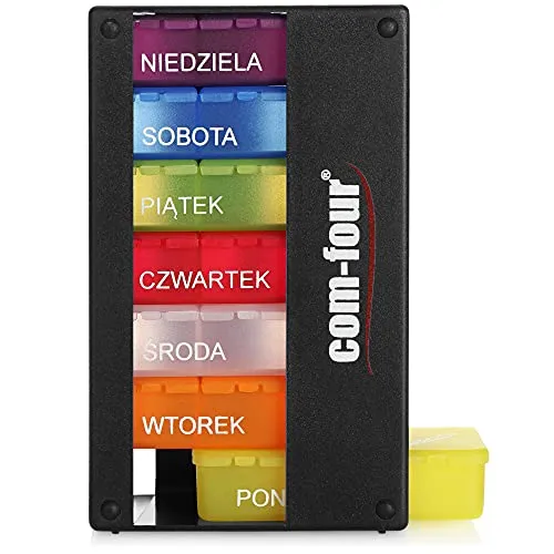 COM-FOUR® Medikamentendosierer auf POLNISCH - Medikamenten-Box für 7 Tage - 3 Fächer - Pillendose - Pillenbox - Tablettenbox - Wochendosierer zur Aufbewahrung [POLNISCH] (Schwarz)