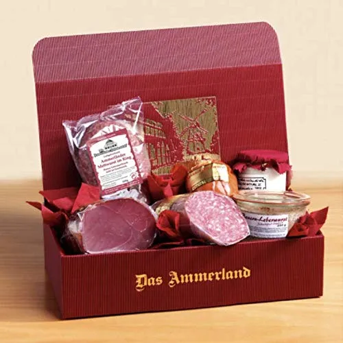 Schinken-Wurst-Präsent Nr. 40 mit Nuss-Schinken, Ammerländer Mettwurst, Aalrauch Mettwurst, Gänse-Schmaus und Leberwurst