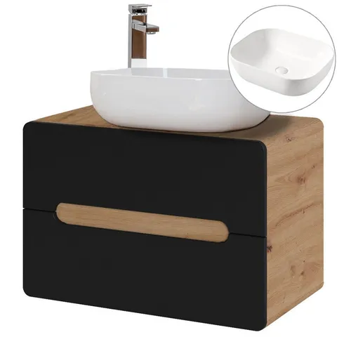 Lomadox Waschtisch NEW-LUTON, Wotan Eiche Nb. 80/68/46 cm - Moderne Badmöbel-Serie NEW-LUTON mit seidenmattem anthrazit und Wotaneiche. Inklusive hochwertigem Keramikbecken und komfortabler Softclose-Funktion für ein stilvolles Badambiente.