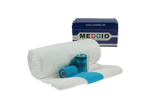 Mullwatterolle 40x500cm mit 12 Haftbandagen 10cm hellblau - Komplettes Erste-Hilfe-Paket für Pferde und Rinder, ideal zur Wundversorgung und Verletzungsprophylaxe. Saugstarke, fusselfreie Verbandswatte und haftende Bandagen für sicheren Sitz ohne Kleben.