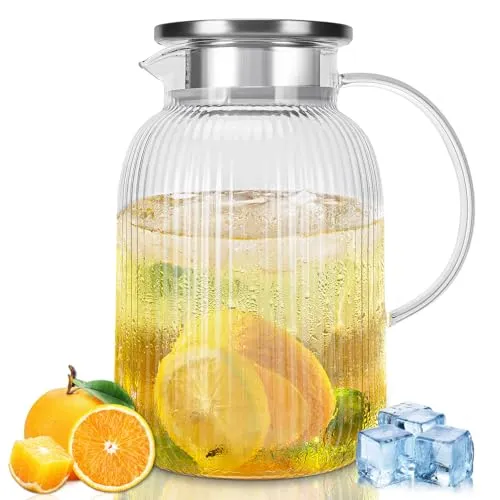 Saftkrug, Glaswasserkrug, Teekanne mit Deckel, karaffe glas mit deckel, hitzebeständiger Borosilikatglas-Wasserkrug für Saft, Milchkrug 1900 ml